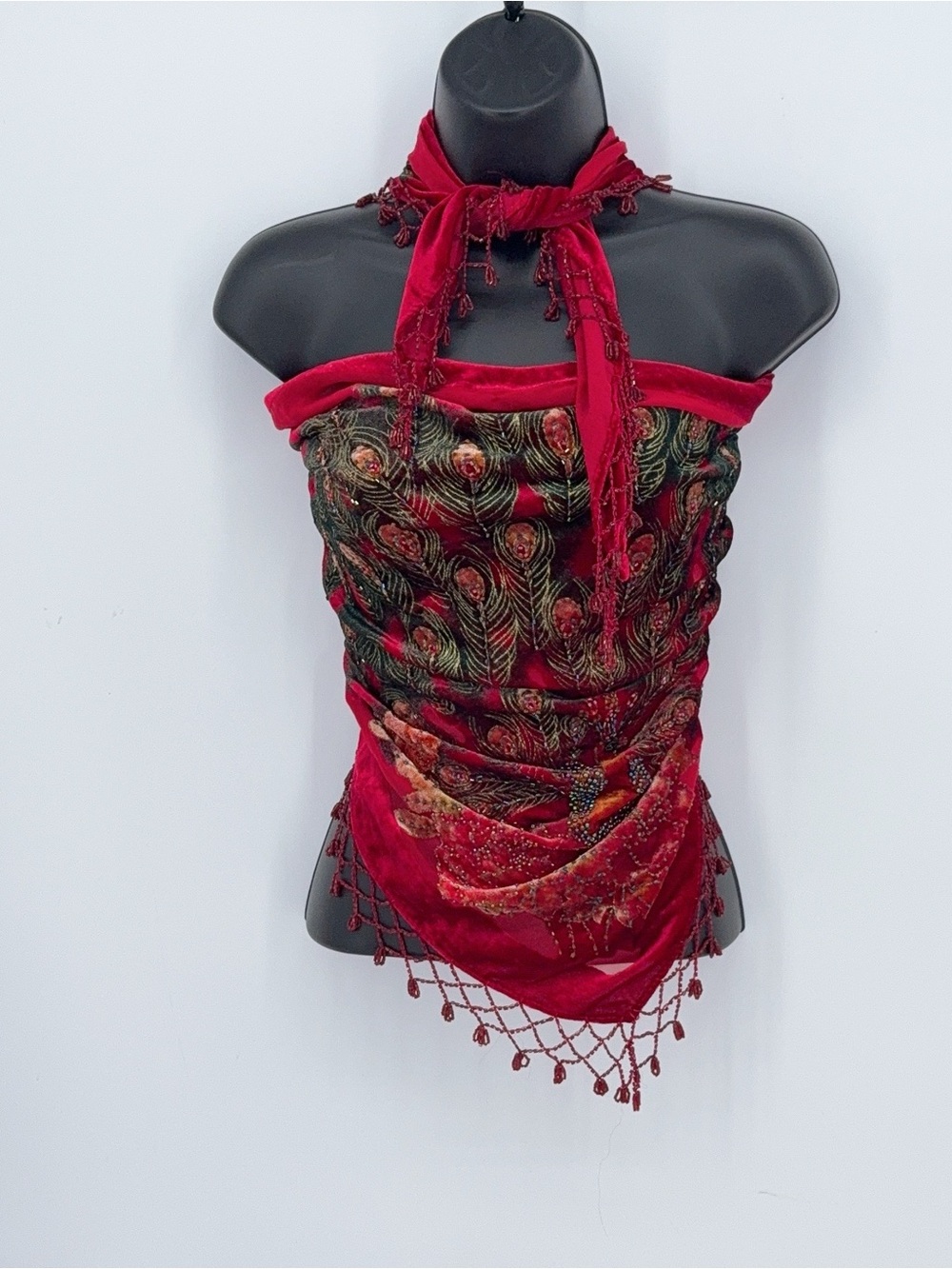 Vintage 90s Beaded Peacock Shawl-Ruby Red Burnout Velvet with Beaded Fringe